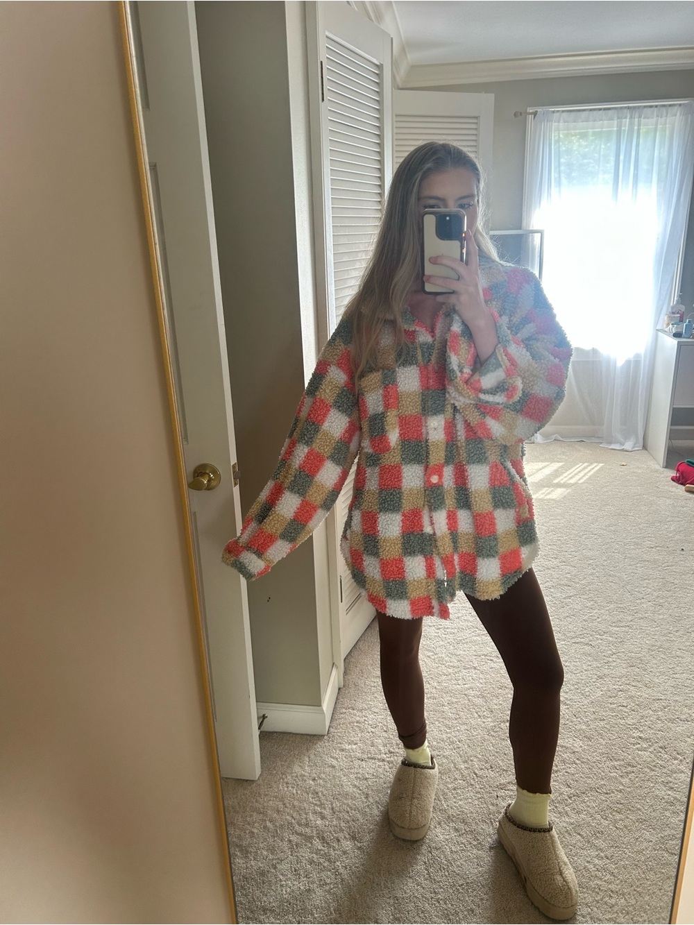 Cozy Checkered Sherpa Button-Up Shacket - Pink, Green & Cream